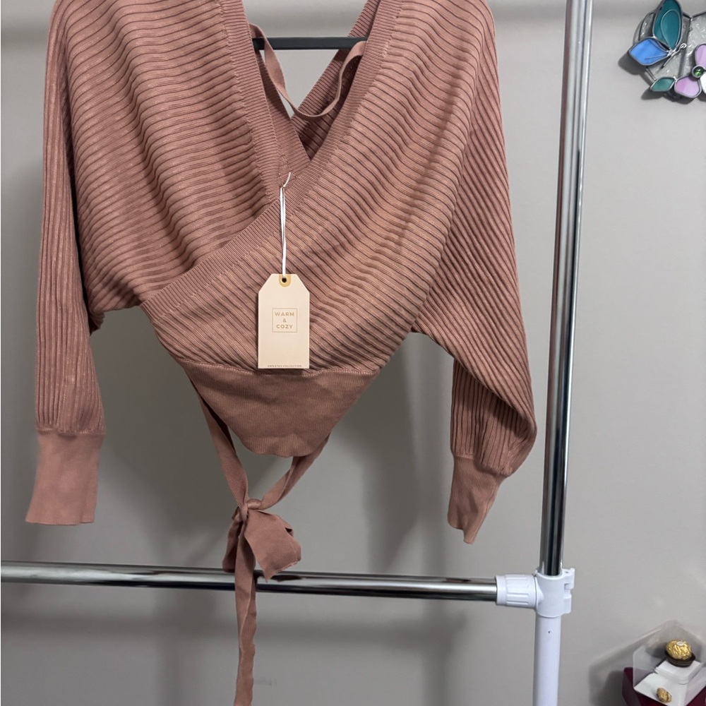 Love Tree Ribbed V-Neck Sweater in Brown